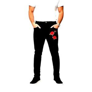 Mens Centrawin Black Embroidered Skinny Jeans Floral Rose Details  Distressed 28